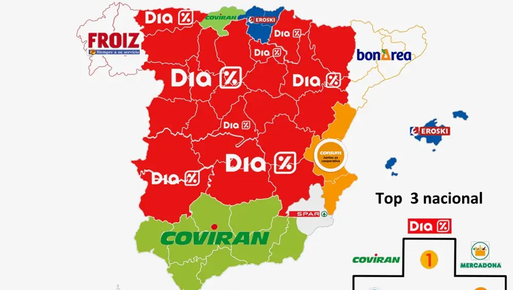 Mapa de los mejores supermercados en función del número de establecimientos