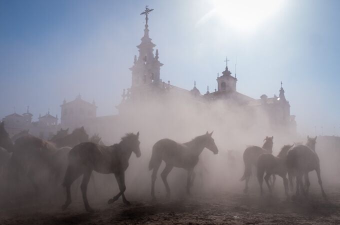 -FOTODELDÍA- EL ROCÍO (HUELVA), 26/06/2023.- Alrededor de 1.500 cabezas de equinos en estado semisalvaje pasan delante de la ermita de El Rocío (Huelva), tras salir esta mañana de la marisma de Doñana hasta los corrales del recinto ganadero municipal de Almonte, Huerta de la Cañada, en la conocida como 'Saca de las Yeguas', una tradición ancestral que los almonteños vienen realizando desde hace más de 500 años cada 26 de junio. 