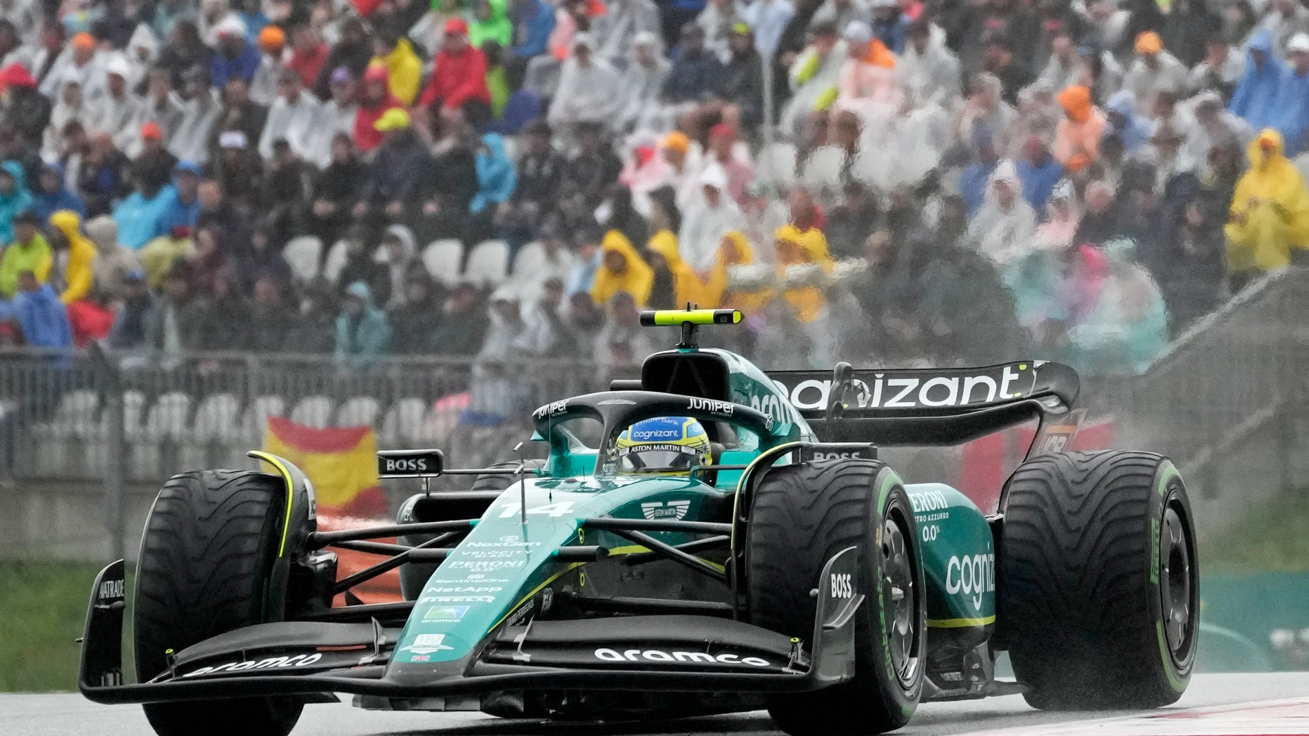 Aston Martin driver Fernando Alonso of Spain steers his car during the sprint race ahead of Sunday's Formula One Austrian Grand Prix auto race, at the Red Bull Ring racetrack, in Spielberg, Austria, Saturday, July 1, 2023. (AP Photo/Darko Vojinovic)