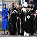 Prince William (2nd L) and Princess Kate (L) of Wales, known as the Duke and Duchess of Rothesay while in Scotland, King Charles III and Queen Camilla (R) watch a fly pass of the RAF over the Palace of Holyroodhouse, after the National Service of Thanksgiving and Dedication for King Charles III and Queen Camilla, and the presentation of the Honours of Scotland. 