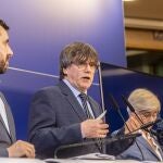 Antoni Comin I Oliveres and Catalan leader in exile Carles Puigdemont pictured during a press conference regarding the evaluation of the sentence of the Court of the European Union on the lifting of the euro-parliamentary immunity of Catalan leader Puigdemont and separatists Comin and Ponsati, Wednesday 05 July 2023, at the European parliament, in Brussels.