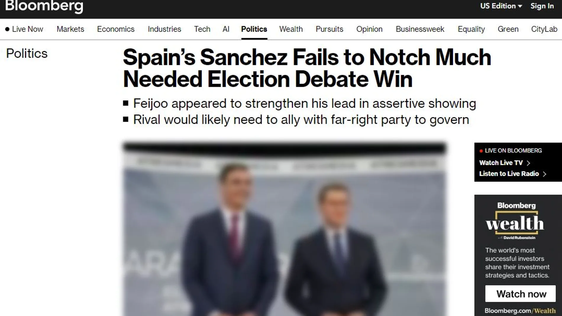 'Bloomberg' destaca que "Sánchez no logró la tan necesaria victoria en el debate electoral"