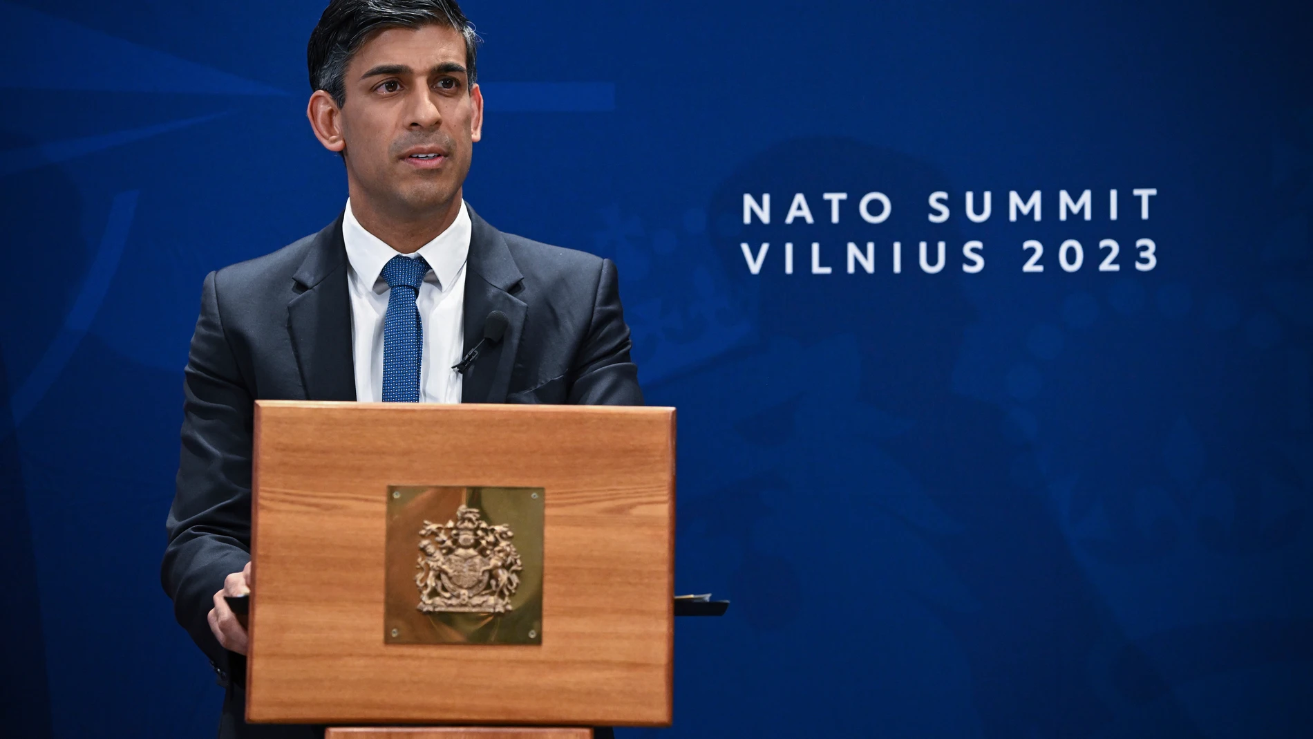 Britain's Prime Minister Rishi Sunak addresses a press conference at the end of the NATO Summit, in Vilnius, Lithuania, Wednesday, July 12, 2023. (Paul Ellis/Pool Photo via AP)