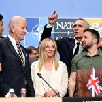 (L-R) Britain's Prime Minister Rishi Sunak, US President Joe Biden, Italy's Prime Minister Giorgia Meloni, NATO Secretary General Jens Stoltenberg and Ukraine's President Volodymyr Zelensky attend the NATO ñ Ukraine Council meeting with Sweden at the NATO ?summit in Vilnius, Lithuania, 12 July 2023.