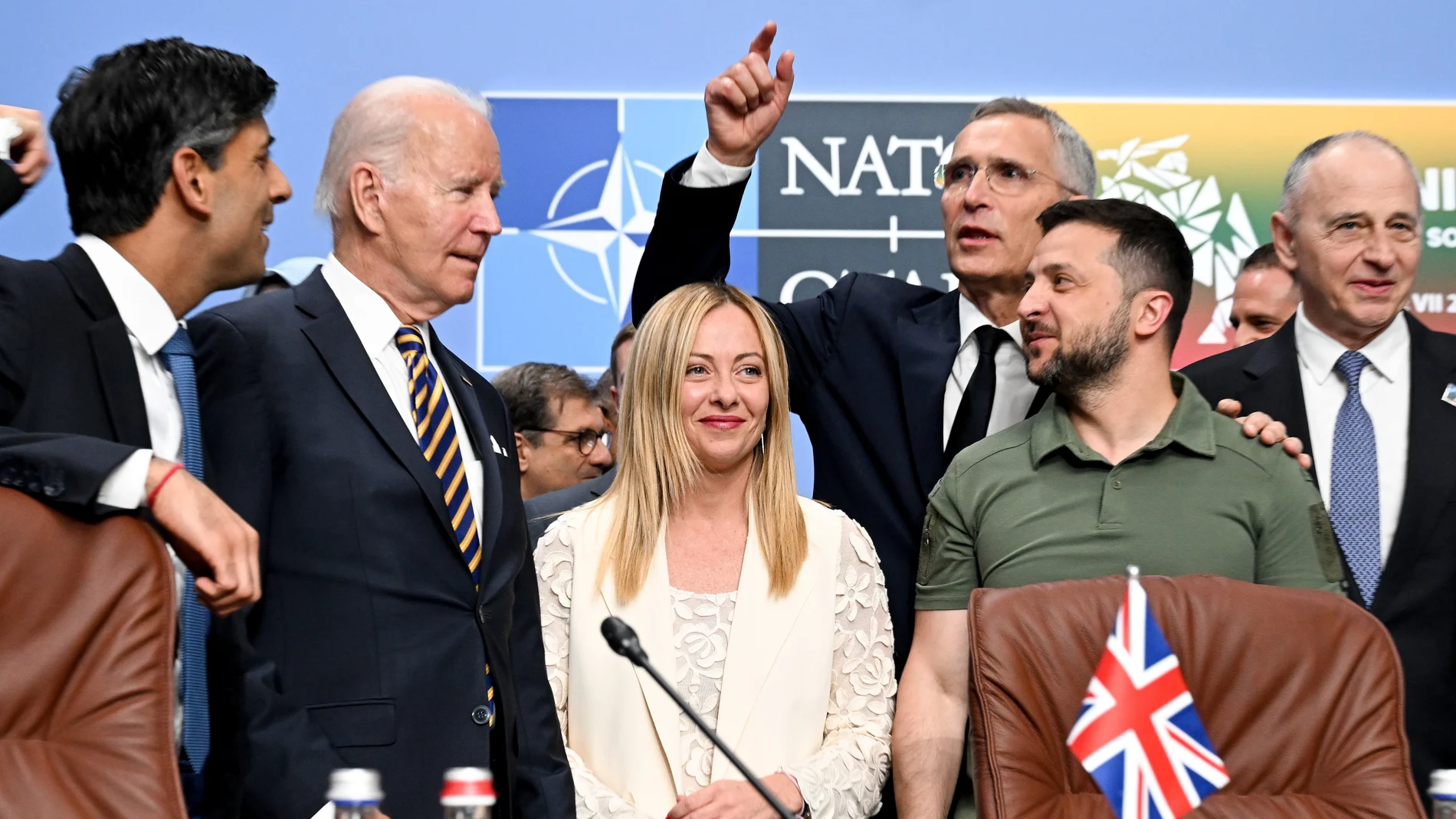 (L-R) Britain's Prime Minister Rishi Sunak, US President Joe Biden, Italy's Prime Minister Giorgia Meloni, NATO Secretary General Jens Stoltenberg and Ukraine's President Volodymyr Zelensky attend the NATO ñ Ukraine Council meeting with Sweden at the NATO ?summit in Vilnius, Lithuania, 12 July 2023.