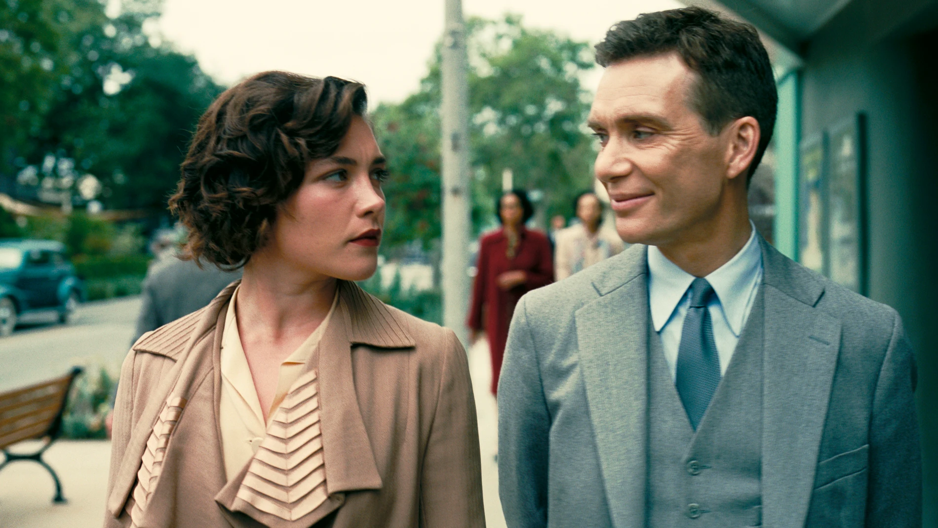 This image released by Universal Pictures shows Florence Pugh as Jean Tatlock, left, and Cillian Murphy as J. Robert Oppenheimer in a scene from "Oppenheimer." (Melinda Sue Gordon/Universal Pictures via AP)