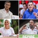 Alberto Núñez Feijóo (PP), Pedro Sánchez (PSOE), Yolanda Díaz (Sumar) y Santiago Abascal (Vox)