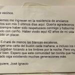 Carta de un vecino despidiéndose de su comunidad al marcharse a una residencia de ancianos