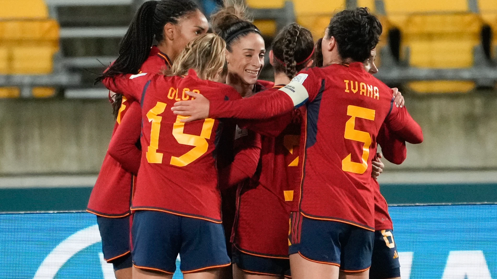 Spain celebrates their first goal during the Women's World Cup Group C soccer match between Spain and Costa Rica in Wellington, New Zealand, Friday, July 21, 2023. (AP Photo/John Cowpland )