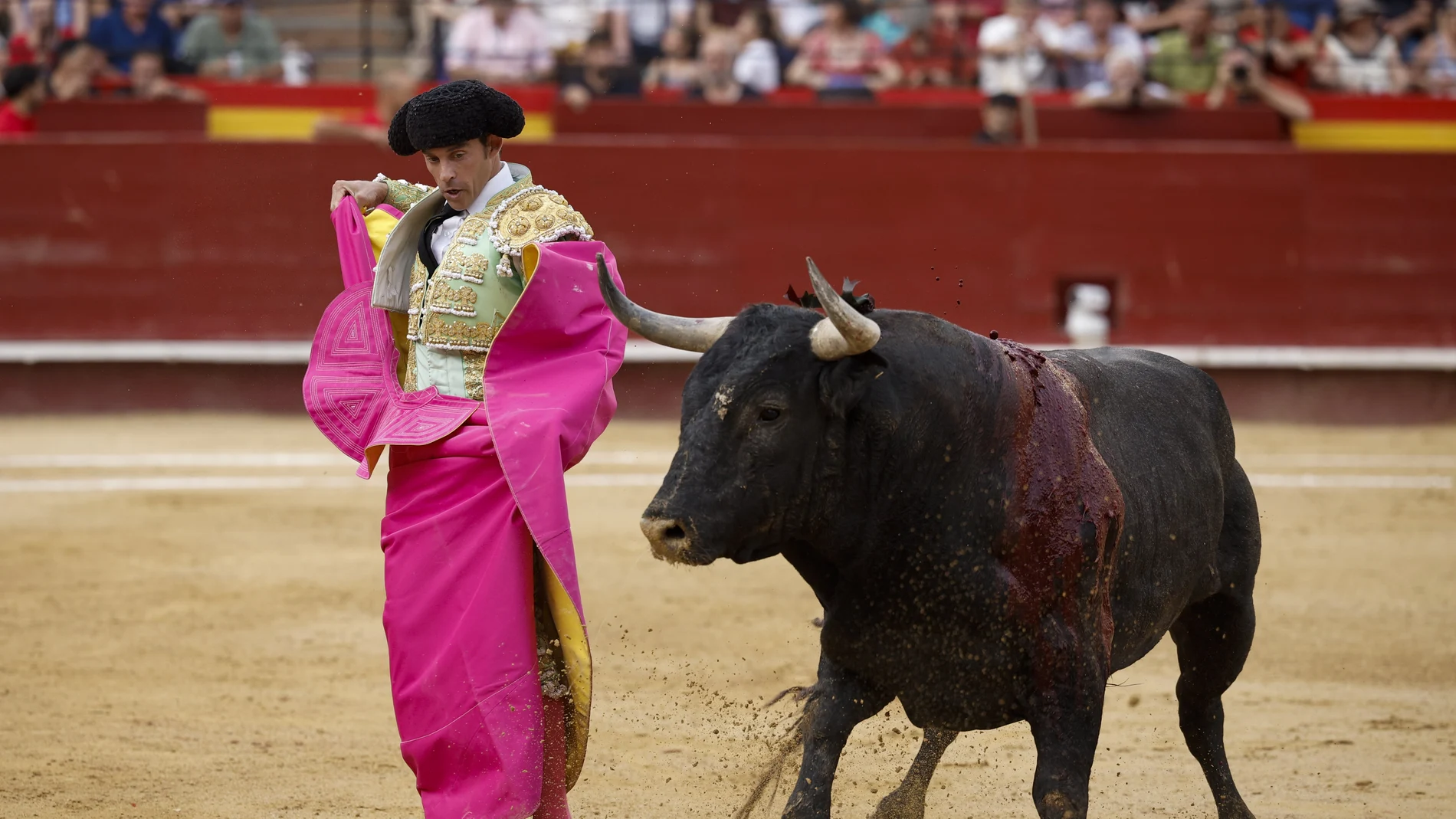 El diestro, Paco Ramos, durante un quite al segundo astado de Robleño, Florido, durante la última corrida de toros de la Feria de Julio, con reses de Miura y en la que han compartido cartel con Jesús Chover.