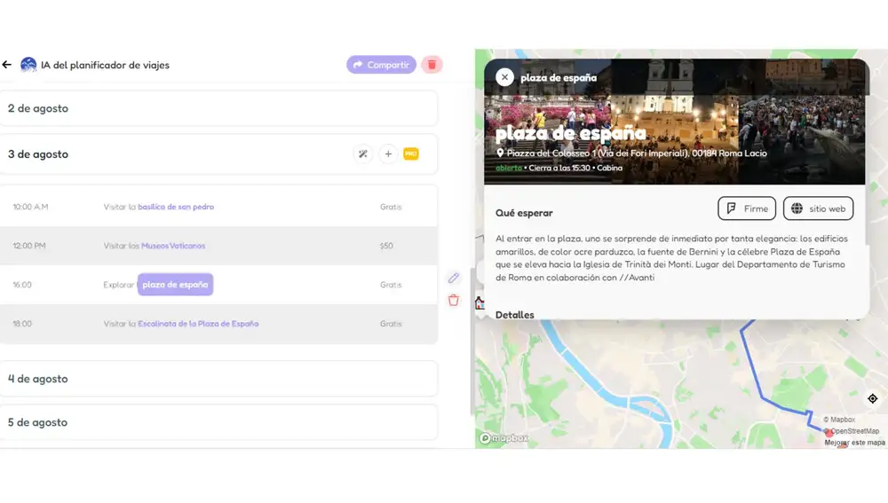 Itinerario por días y muestra de la ficha por monumento