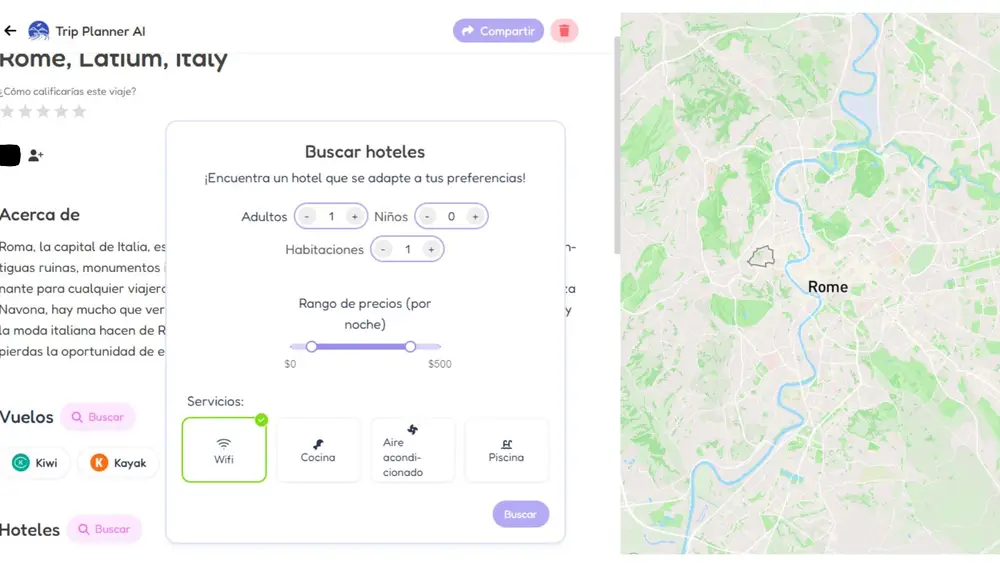 Trip Planner AI también permite buscar vuelos, hoteles y tours