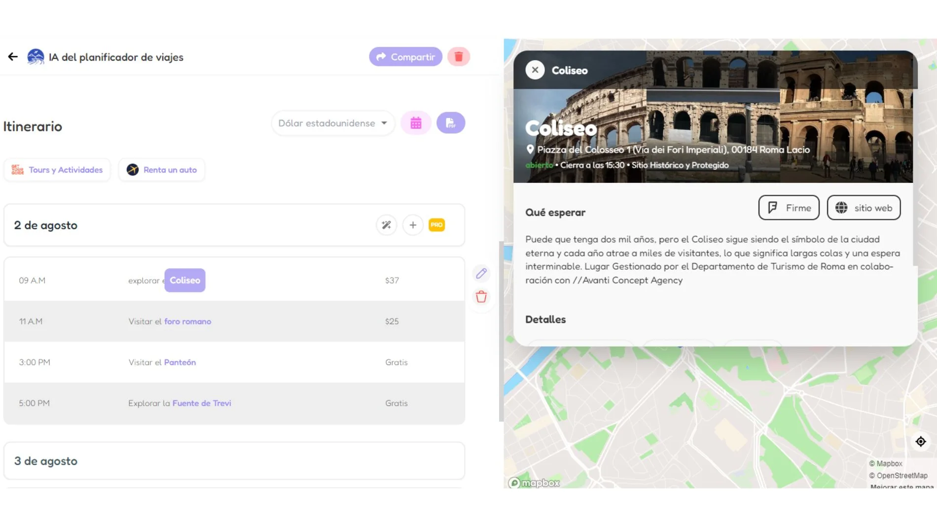 'Trip Planner' muestra una ficha del monumento presente en el itinerario en la que se encuentran todos los detalles