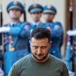 Ukraine's President Volodymyr Zelensky inspect guards of honor prior to his meeting with Czech President Petr Pavel (not in picture) at Prague Castle, in Prague.