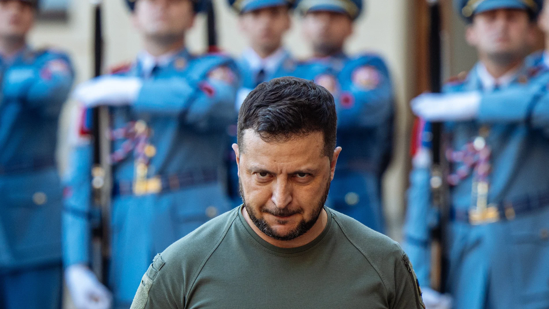 Ukraine's President Volodymyr Zelensky inspect guards of honor prior to his meeting with Czech President Petr Pavel (not in picture) at Prague Castle, in Prague.