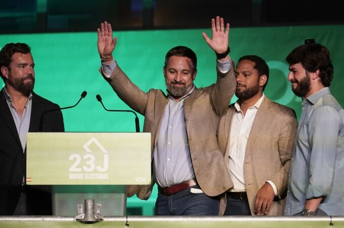 Santiago Abascal, leader of the far-right Vox party, waves to supporters outside the party headquarters following Spain's general election in Madrid, Sunday, July 23, 2023. Spain's conservative Popular Party is set to narrowly win the country's national election but without the majority needed to topple the coalition government of Socialist Prime Minister Pedro Sánchez. 