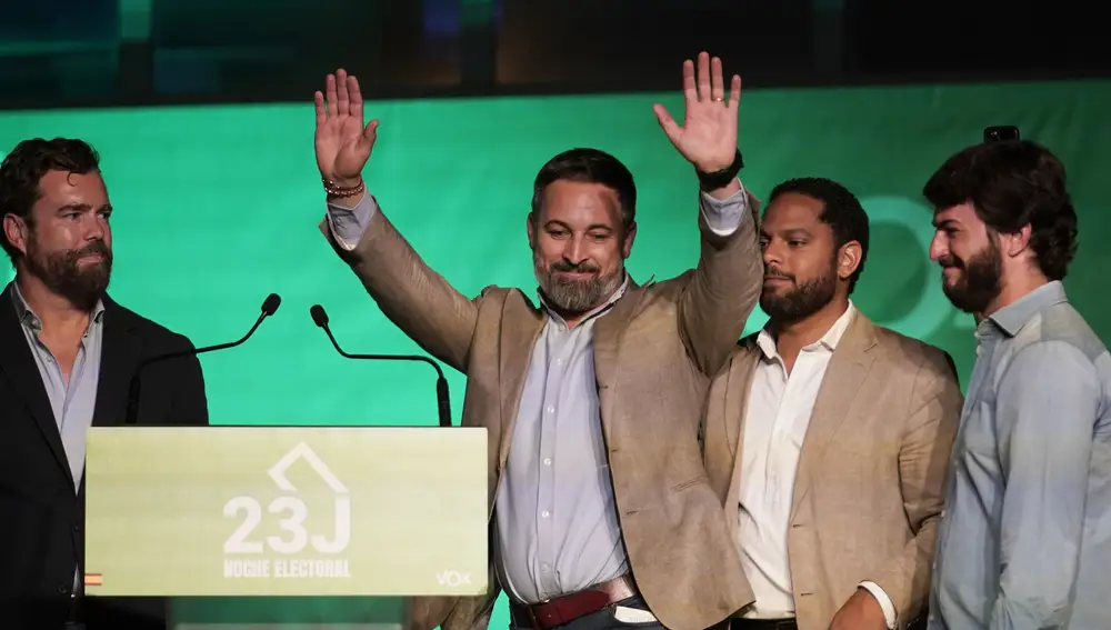 Santiago Abascal, leader of the far-right Vox party, waves to supporters outside the party headquarters following Spain's general election in Madrid, Sunday, July 23, 2023. Spain's conservative Popular Party is set to narrowly win the country's national election but without the majority needed to topple the coalition government of Socialist Prime Minister Pedro Sánchez.