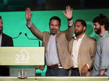 Santiago Abascal, leader of the far-right Vox party, waves to supporters outside the party headquarters following Spain's general election in Madrid, Sunday, July 23, 2023. Spain's conservative Popular Party is set to narrowly win the country's national election but without the majority needed to topple the coalition government of Socialist Prime Minister Pedro Sánchez. Santiago Abascal, leader of the far-right Vox party, waves to supporters outside the party headquarters following Spain's general election in Madrid, Sunday, July 23, 2023. Spain's conservative Popular Party is set to narrowly win the country's national election but without the majority needed to topple the coalition government of Socialist Prime Minister Pedro Sánchez.
