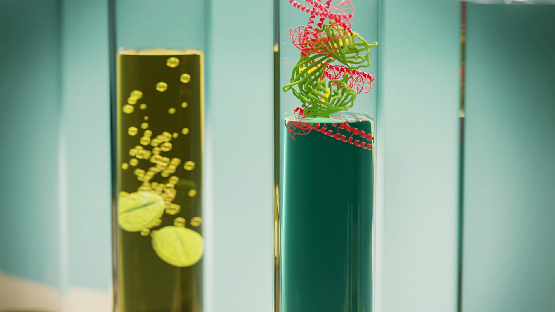 Representación gráfica de comprimidos de productos biológicos en estado sólido que se disuelven en agua (izquierda) y activan la maquinaria biológica para su fabricación a demanda (derecha).