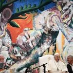 Pope Francis (L) and Scholas Occurrentes director Jose Maria del Corral take part in a meeting with young members of Scholas Occurrentes educational foundation in Cascais, Portugal, 03 August 2023, during his five-day visit to attend the World Youth Day (WYD) gathering of young Catholics.