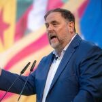 El presidente de ERC Oriol Junqueras, durante un mitin para las elecciones del 23J en la plaza Comercial, en Barcelona.
