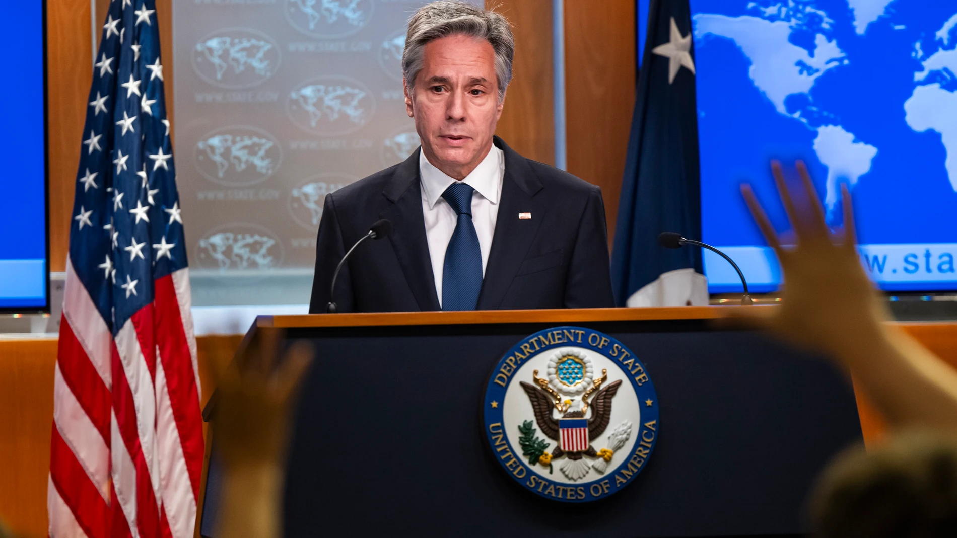 Washington (United States), 15/08/2023.- US Secretary of State Antony Blinken speaks to the media at a press conference in the State Department'Äôs briefing room in Washington, DC, USA, 15 August 2023. Blinken answered questions on Niger, Ukraine, and the potential prisoner exchange with Iran. (Ucrania, Estados Unidos) EFE/EPA/JIM LO SCALZO
