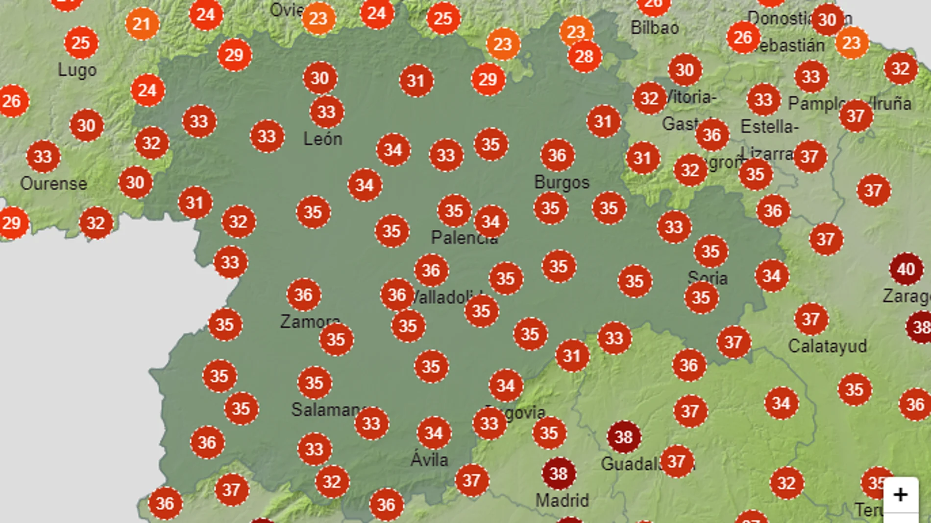 Mapa de calor de Castilla y León de este domingo 20 de agosto