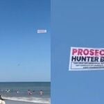 Una bandera con el lema "procesar a Hunter Biden" atada a un avión ondea sobre la casa de la playa del presidente Joe Biden