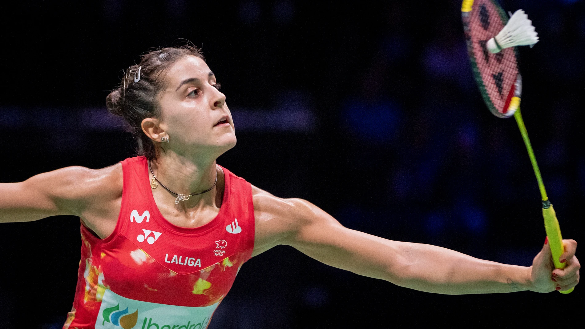 Spain's Carolina Marin in action in her women's semi final singles badminton match against Japan's Akane Yamaguchi, during the BWF World Championship at the Royal Arena in Copenhagen, Denmark, Saturday, Aug. 26, 2023. (Mads Claus Rasmussen/Ritzau Scanpix via AP)