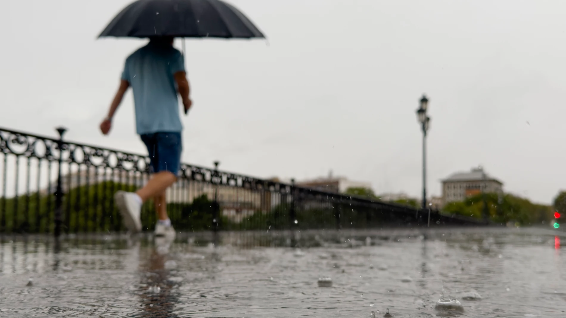 SEVILLA 03/09/2023.- La Agencia Estatal de Meteorología (AEMET) ha activado el aviso naranja por lluvias en la comarca de la Campiña de Cádiz hasta las 20.00 horas de hoy domingo, manteniéndose el amarillo para el resto de provincias excepto en Córdoba, que escapa de las alertas. En la imagen, una persona camina con el paraguas abierto este domingo en la capital hispalense. EFE/ David Arjona