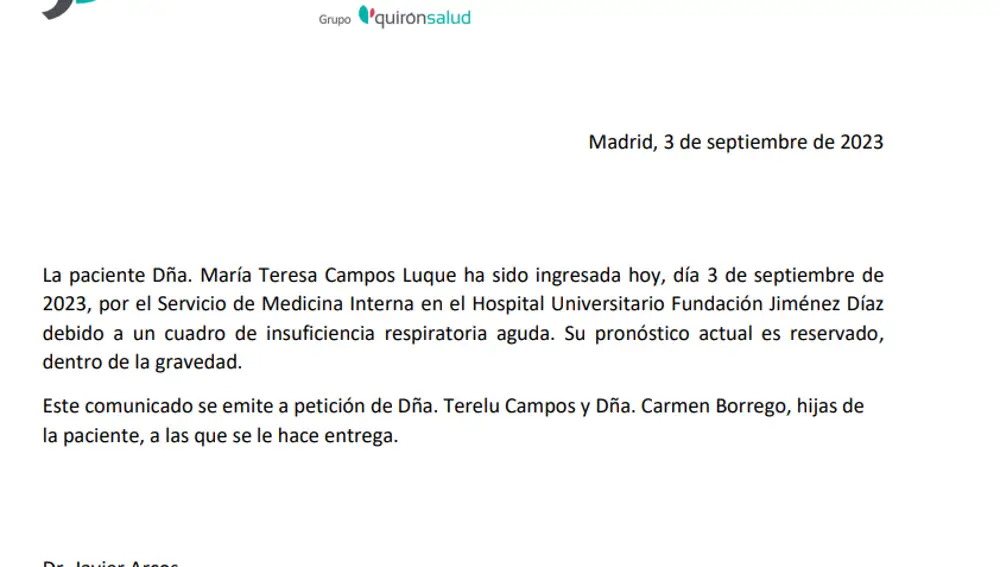 Comunicado hospitalario de María Teresa Campos Luque