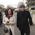 Catalonia's former regional president Carles Puigdemont, center right, and his wife Marcela Topor, center left, arrives at the European Parliament in Strasbourg, eastern France.