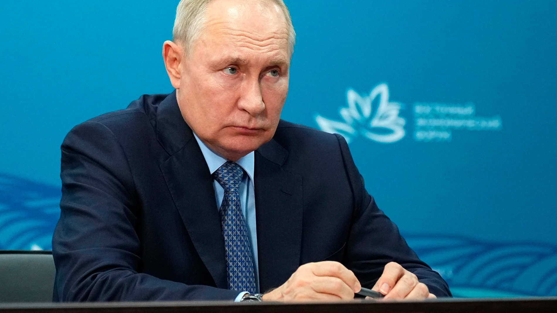 Russian President Vladimir Putin listens to Oleg Kozhemyako, governor of the Russian far eastern region of Primorsky Krai during their meeting on the sidelines of the Eastern Economic Forum in Vladivostok, Russia, Monday, Sept. 11, 2023. (Alexander Wilf, Sputnik, Kremlin Pool Photo via AP)