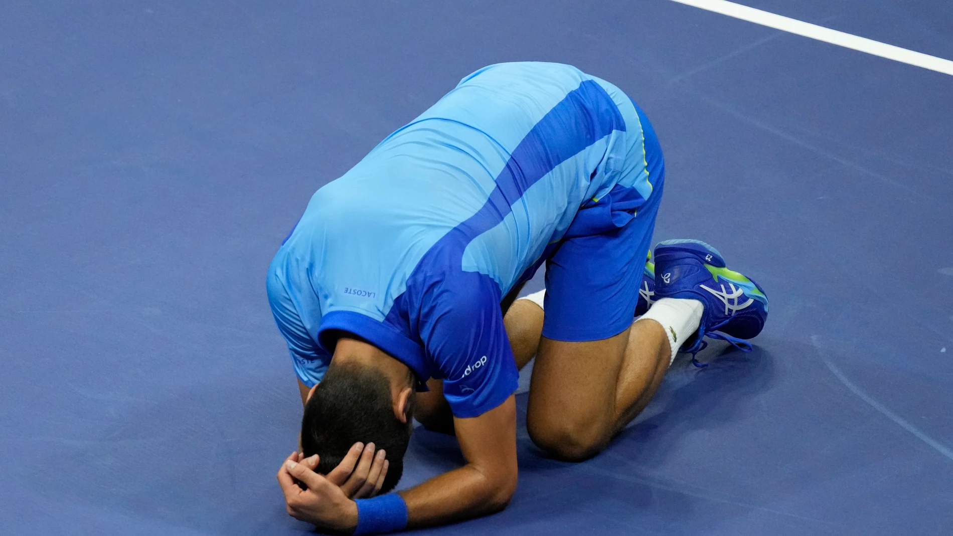 Novak Djokovic, of Serbia, reacts after defeating Daniil Medvedev, of Russia, in the men's singles final of the U.S. Open tennis championships, Sunday, Sept. 10, 2023, in New York. (AP Photo/Mary Altaffer)
