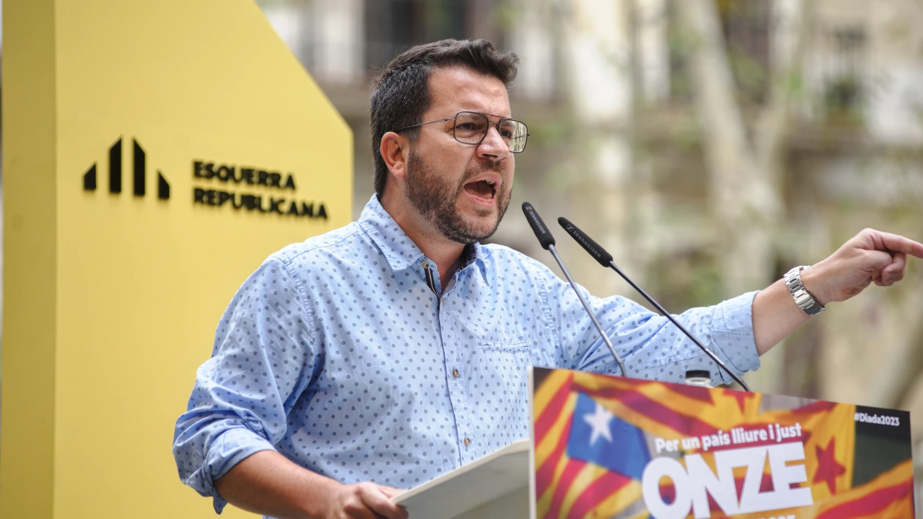 El presidente de la Generalitat, Pere Aragonès, interviene con motivo de la Diada, Día de Catalunya, a 11 de septiembre de 2023, en Barcelona, Catalunya (España). El independentismo llega a la Diada hoy con la amnistía en centro del debate y como condición para una hipotética investidura del candidato socialista y presidente en funciones, Pedro Sánchez, tras unos resultados electorales que dieron a ERC y a Junts la llave para facilitar un gobierno de PSOE y Sumar. La Diada de este año arranca...