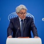 European Commissioner for Internal Market Thierry Breton speaks during a prss conference in Strasbourg.