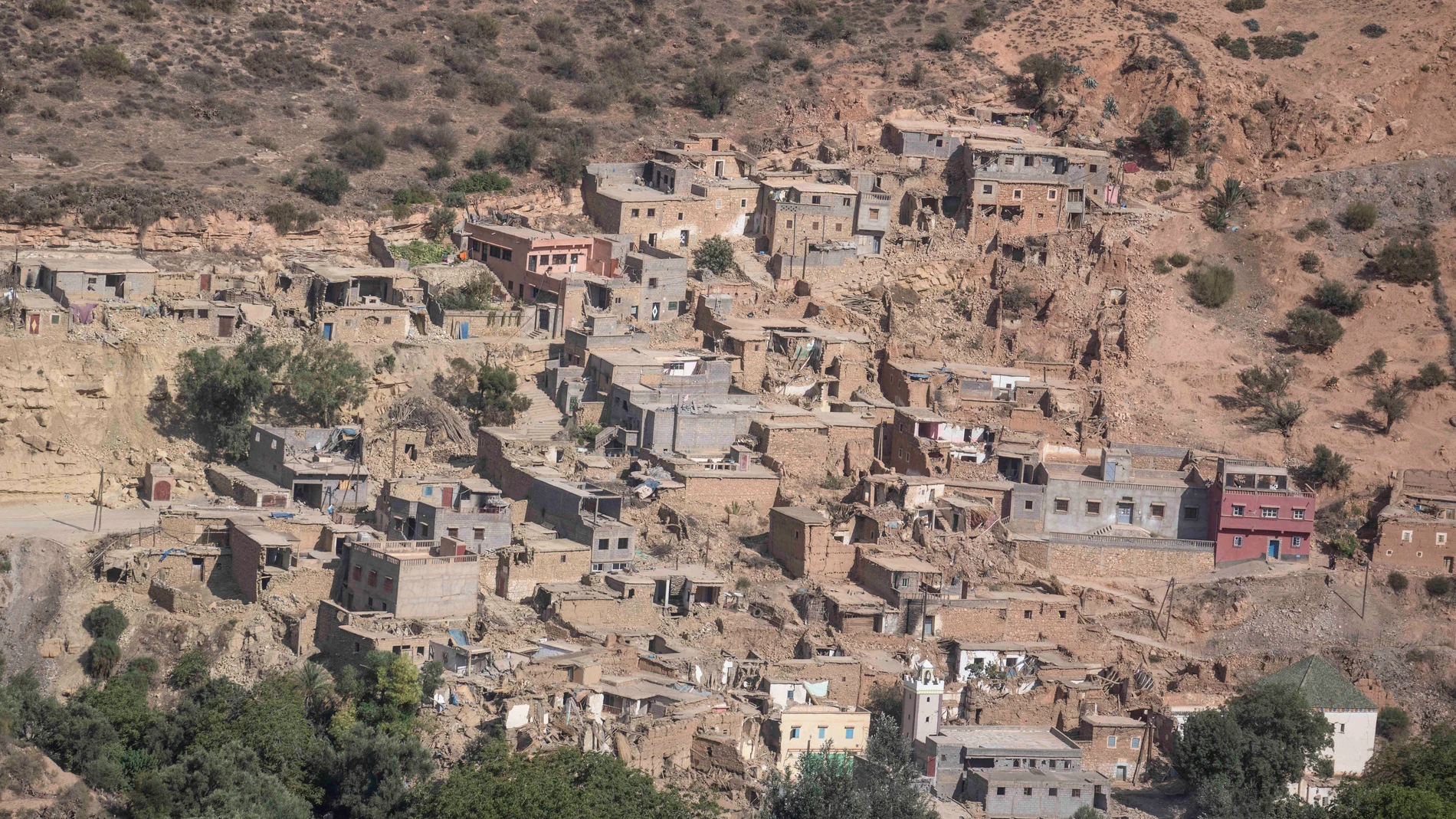A view of the damage which was caused by the earthquake to a village, outside Marrakech, Morocco, Wednesday, Sept. 13, 2023. An aftershock rattled central Morocco on Wednesday, striking fear into rescue crews at work in High Atlas villages, digging people out from rubble that could slide. (AP Photo/Mosa'ab Elshamy)