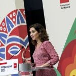La presidenta de la Comunidad de Madrid Isabel Díaz Ayuso, este viernes en la presentación de Hispanidad 2023 en la Casa de Correos en Madrid.