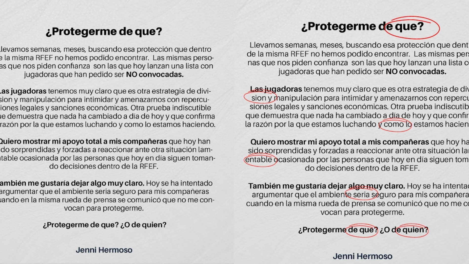 Comunicado de Jenni Hermoso con faltas de ortografía