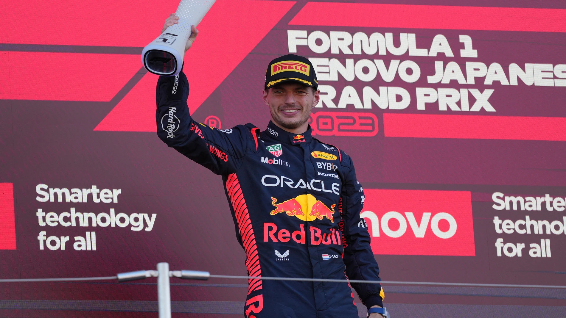 Red Bull driver Max Verstappen of the Netherlands celebrates on the podium after winning the Japanese Formula One Grand Prix at the Suzuka Circuit, Suzuka, central Japan, Sunday, Sept. 24, 2023. (AP Photo/Toru Hanai)