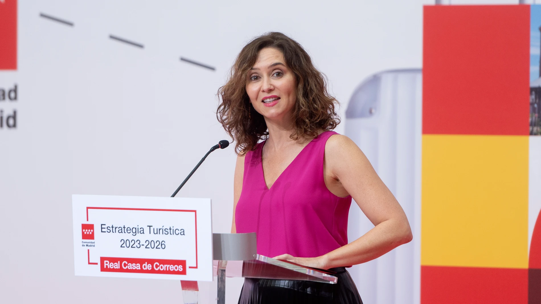La presidenta de la Comunidad de Madrid, Isabel Díaz Ayuso, interviene durante la presentación de la Estrategia Turística 2023-2026 del Gobierno regional, en la Real Casa de Correos, a 25 de septiembre de 2023, en Madrid (España). Esta estrategia turística ha sido presentada a los principales agentes del sector, empresas, asociaciones y turoperadores 25 SEPTIEMBRE 2023;MADRID;AYUSO;ESTRATEGIA TURÍSTICA;GOBIERNO REGIONAL Alberto Ortega / Europa Press 25/09/2023