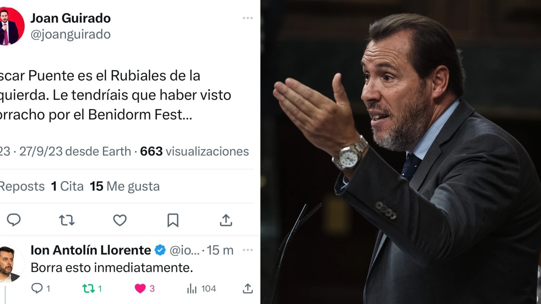 Tweets de Joan Guirado y Ion Antolín e imagén de Óscar Puentes en el Congreso