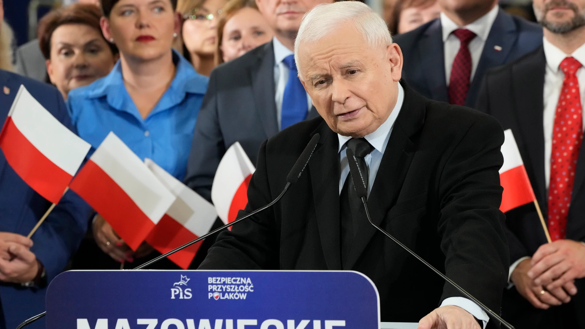 El líder de Ley y Justicia, Jaroslaw Kaczynski, durante un mitin en Pruszkow