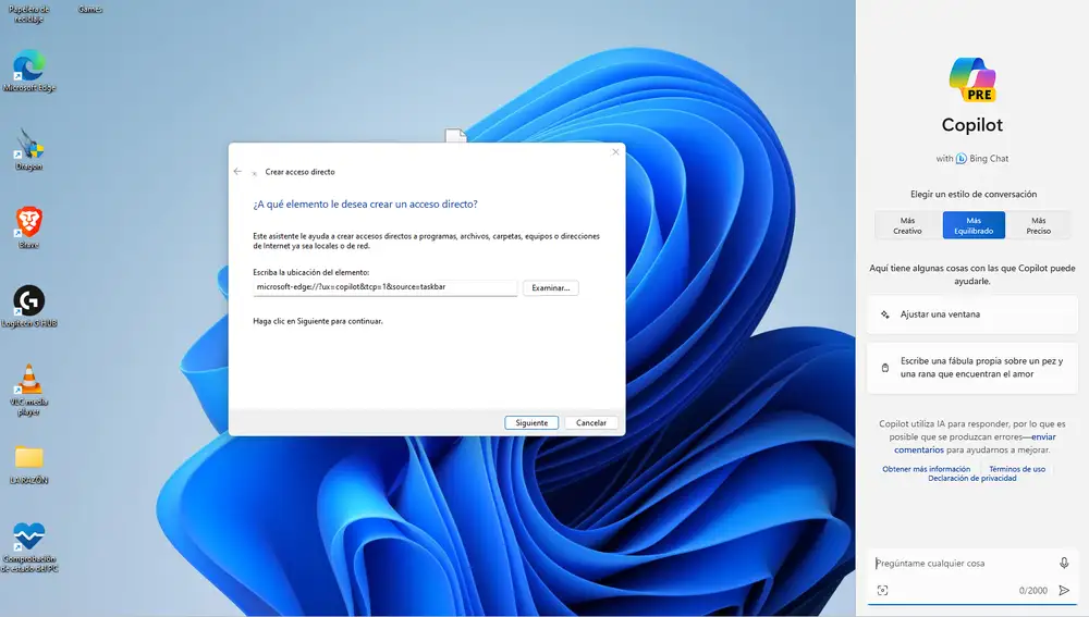 Creación de un acceso directo con el comando para activar Copilot en Windows 11.
