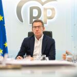 El líder del PP, Alberto Núñez Feijóo junto a Cuca Gamarra y Elías Bendodo durante la reunión del comité de dirección del partido. 