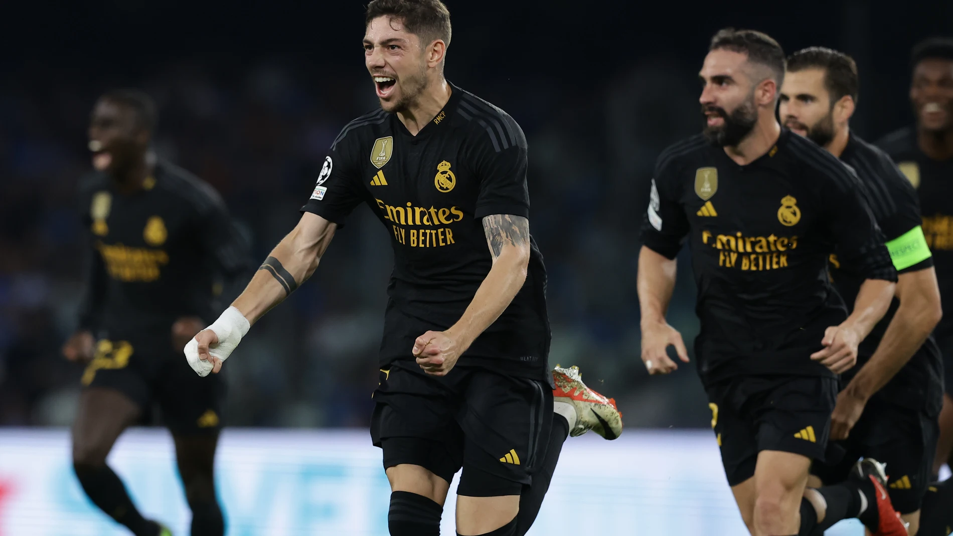 03 October 2023, Italy, Naples: Real Madrid's Federico Valverde celebrate a goal during the UEFA Champions League Group C soccer match between Napoli and Real Madrid at the Diego Armando Maradona stadium. Photo: Alessandro Garofalo/LaPresse via ZUMA Press/dpa Alessandro Garofalo/Lapresse Via / Dpa 03/10/2023 ONLY FOR USE IN SPAIN
