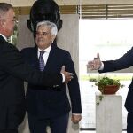 Pedro Rocha, Fernando Gomes y Fouzi Lekjaa, presidentes de la Federación Española, Portuguesa y Marroquí, respectivamente