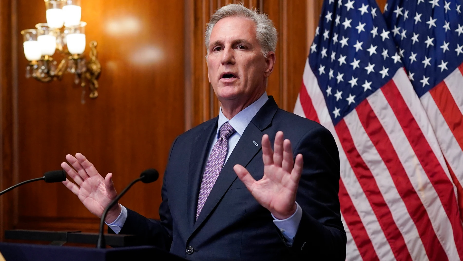 Rep. Kevin McCarthy, R-Calif., speaks to reporters hours after he was ousted as Speaker of the House, Tuesday, Oct. 3, 2023, at the Capitol in Washington. (AP Photo/J. Scott Applewhite)