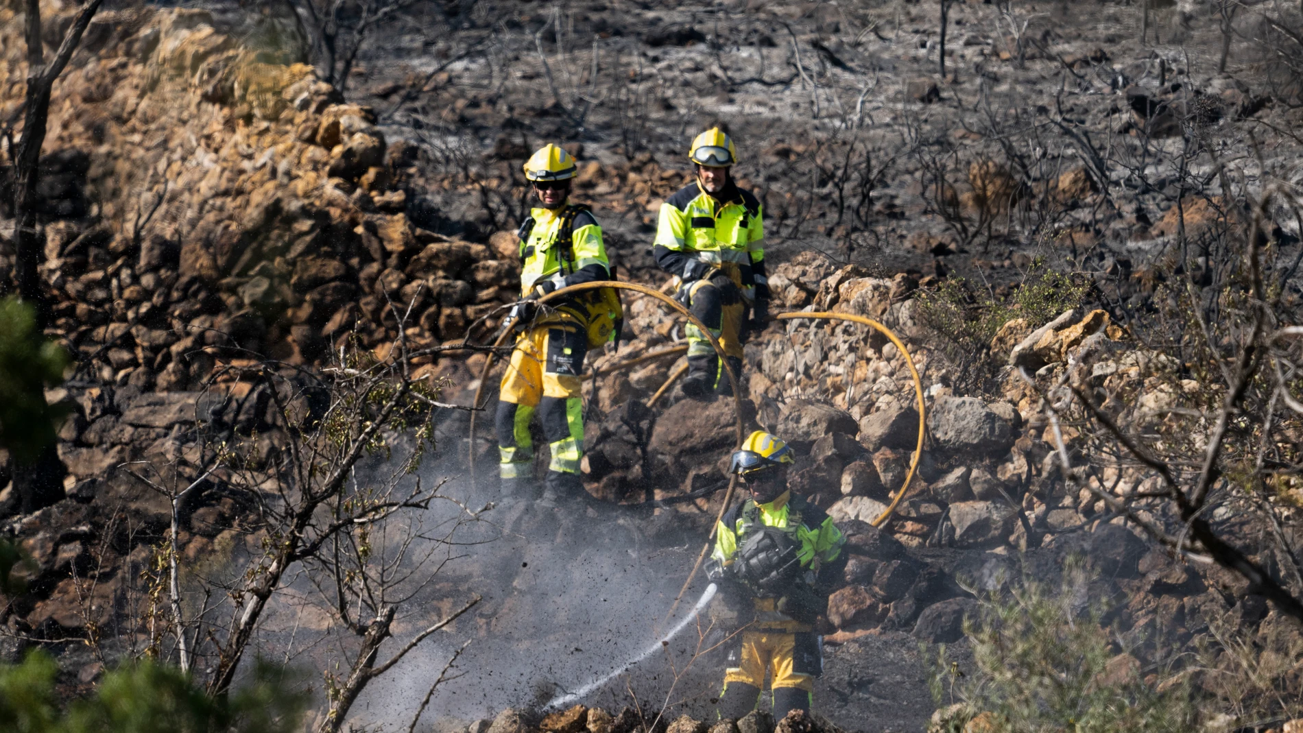 GRAFCVA6192. ATZENETA DEL MAESTRAT (CASTELLÓN), 07/10/2023.- Bomberos Forestales de la Generalitat trabajan en sofocar un incendio declarado este sábado en la localidad castellonense de Atzeneta del Maestrat que afecta a una zona forestal cerca de la CV-170, en la comarca del Alt Maestrat y que ha sido dado por controlado a las 14.30 horas, según ha informado el Centro de Coordinación de Emergencias de la Generalitat. EFE/Andreu Esteban