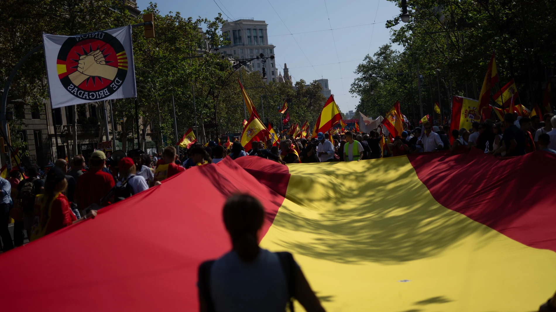 Decenas de personas sujetan una bandera durante una manifestación de SCC contra la amnistía, a 8 de octubre de 2023, en Barcelona, Catalunya (España). Sociedad Civil Catalana ha convocado una manifestación contra la amnistía y el derecho al referéndum bajo el lema ‘No en mi nombre:ni amnistía, ni autodeterminación’. La protesta busca visibilizar el acuerdo para la investidura del Gobierno de España que han negociado las últimas semanas el presidente del Gobierno en funciones y Carles Puidgemo...